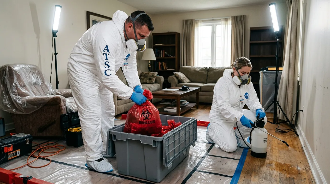 Professional Hoarding Cleanup technician in full PPE working in Flagstaff